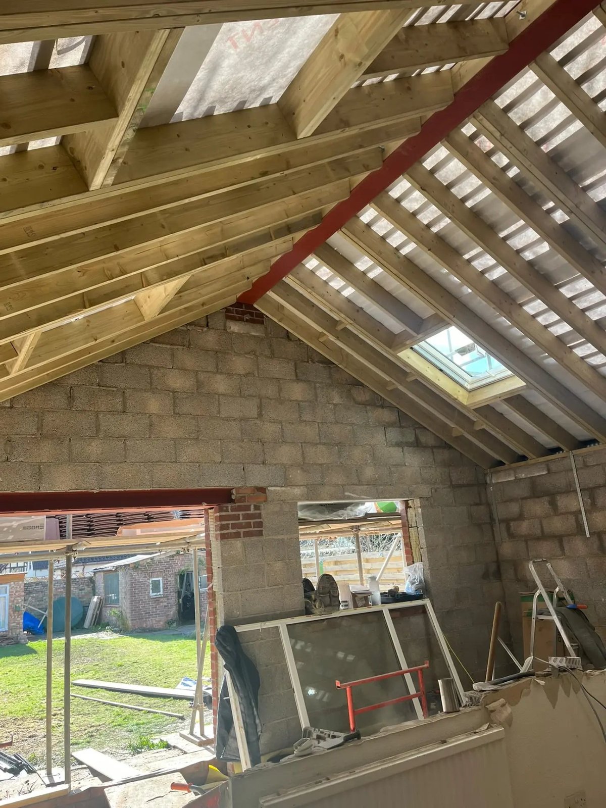 Vaulted roof structure with steel beam and rooflight opening, Wyton