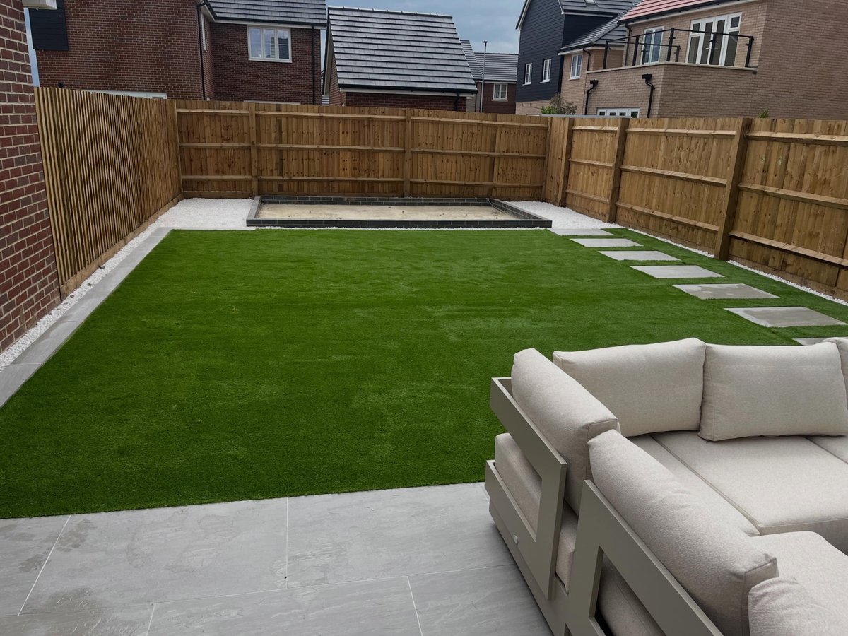 Landscaped garden with paving, borders and fencing completed by Prime Build Services