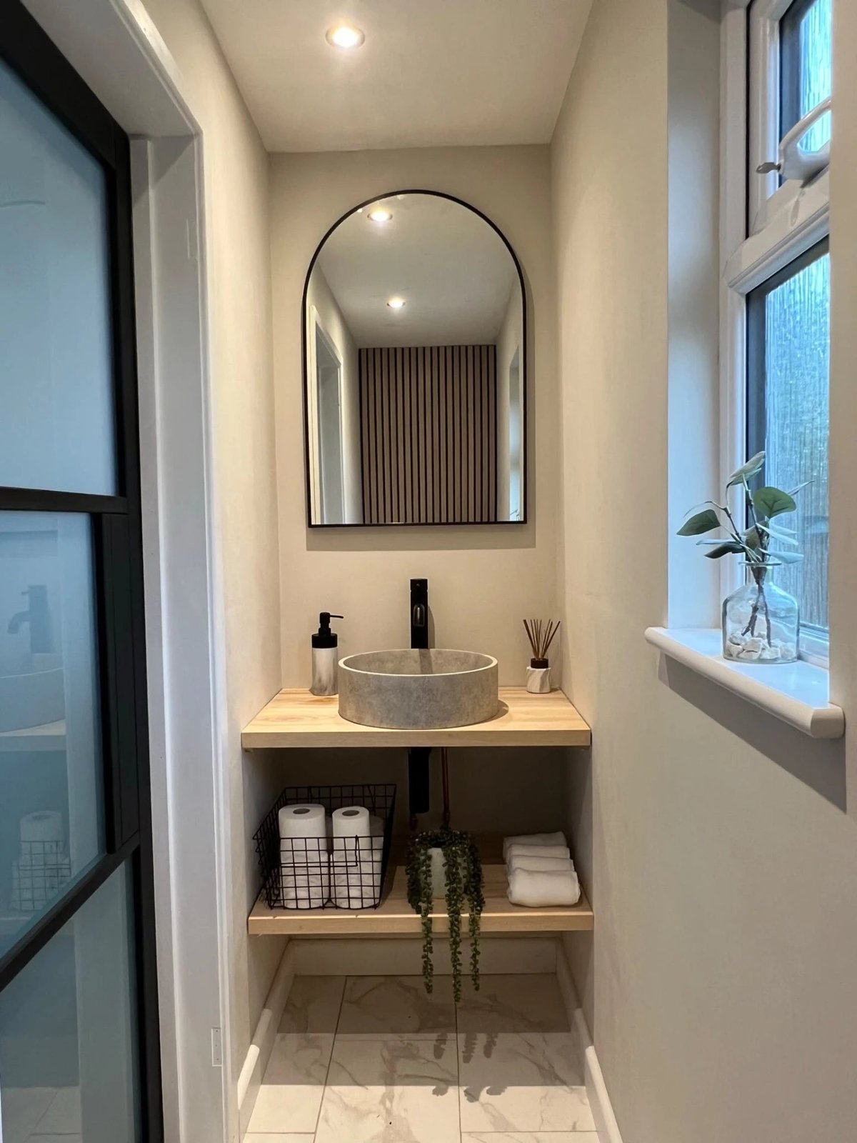 Finished cloakroom with stone basin, oak shelving and arched mirror, Warboys