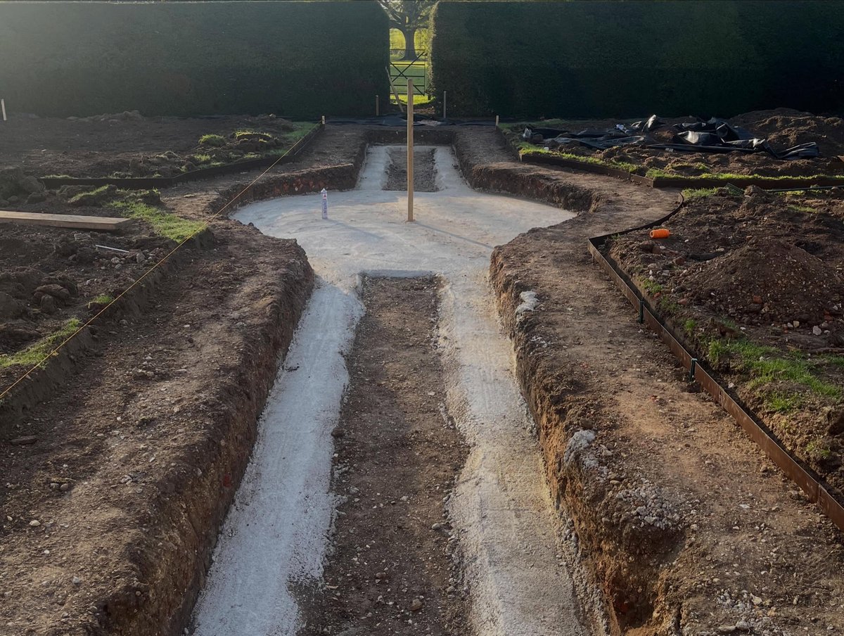 Excavated and concreted foundations for a garden water feature