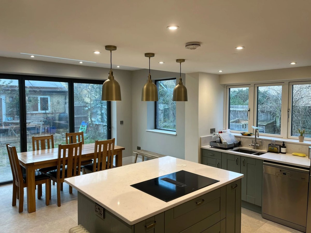 Finished kitchen and dining space with bifold doors onto the garden, Willingham