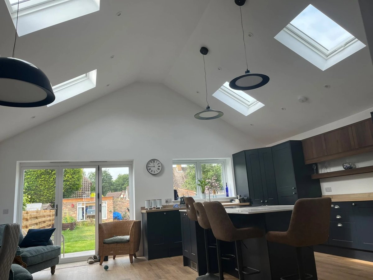 Open-plan kitchen and living space with vaulted ceiling and garden doors, Wyton