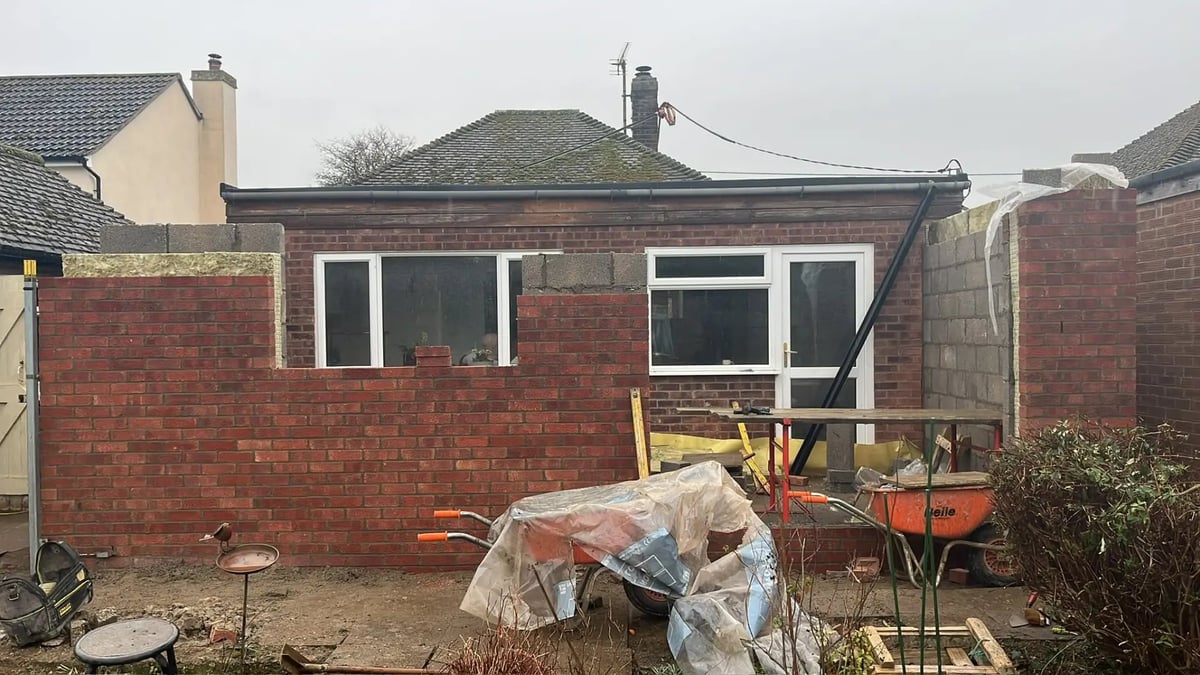 Extension walls and boundary brickwork under construction, Wyton