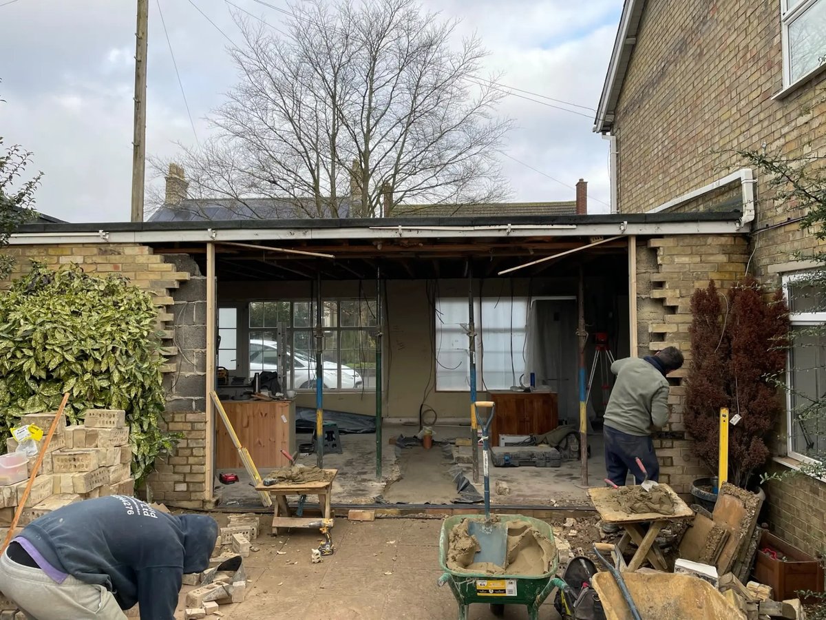 Rear wall opened up with acrow props and steel support while the extension opening is formed, High Street Warboys