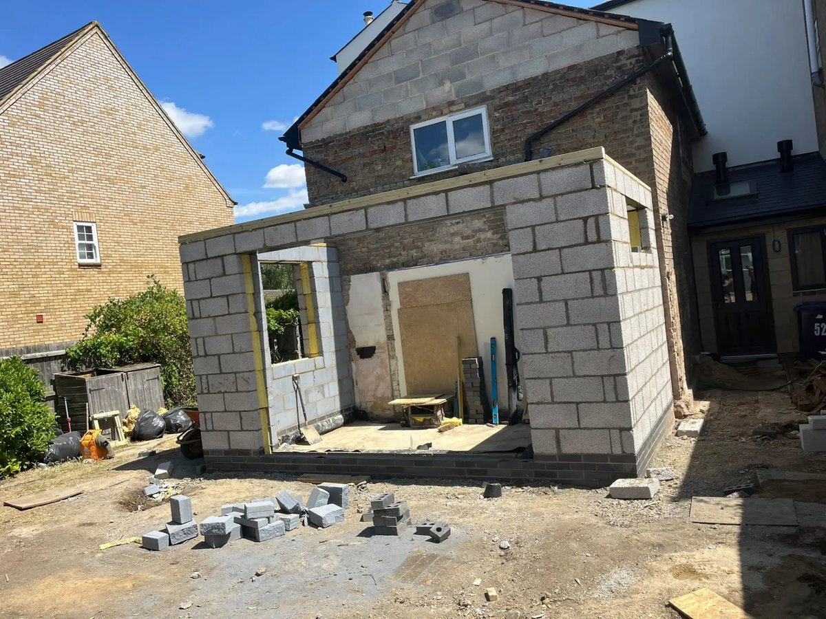 Rear extension blockwork and openings built off new foundations, Willingham