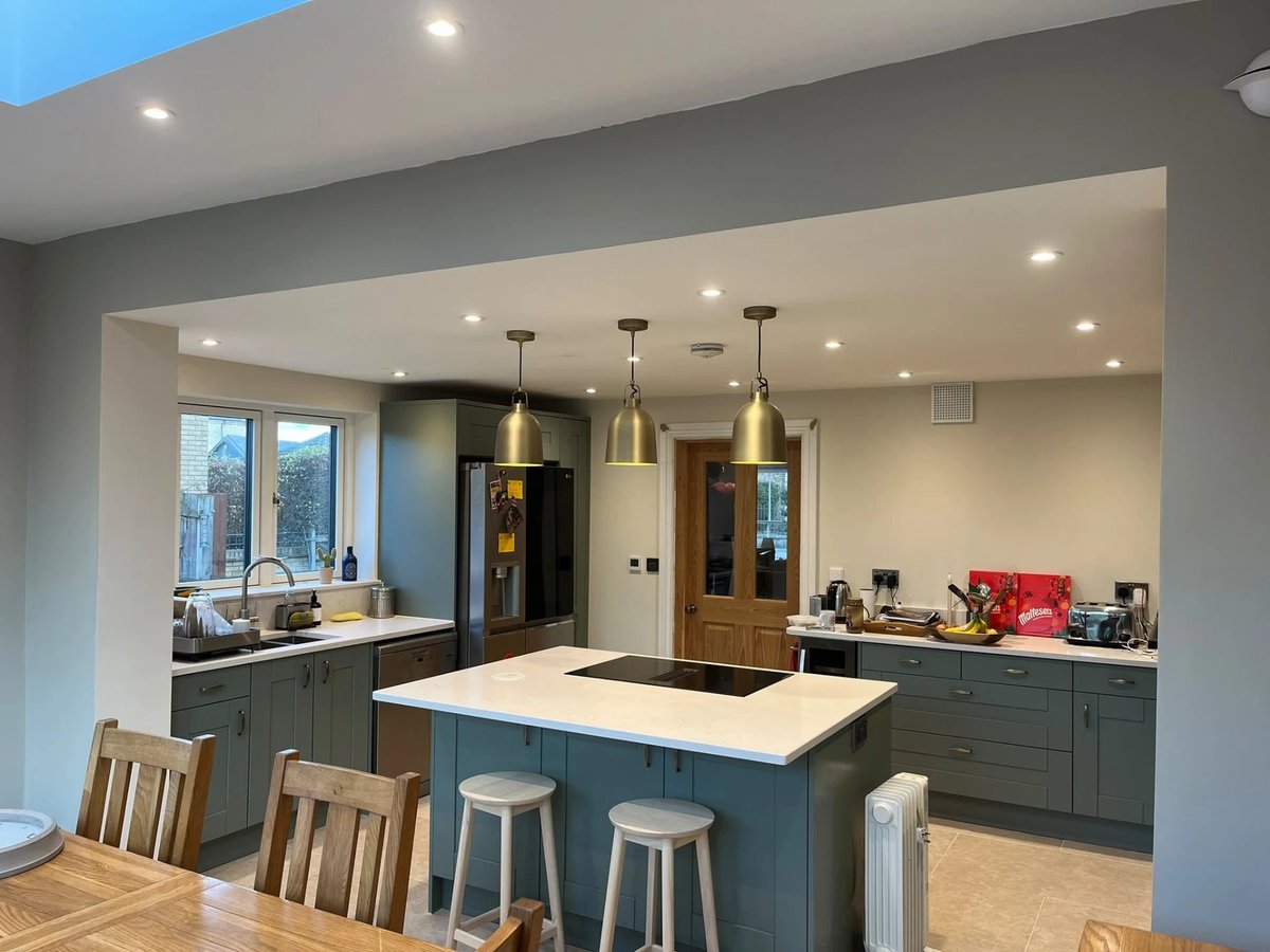 Open-plan kitchen and family space after the knock-through, Willingham