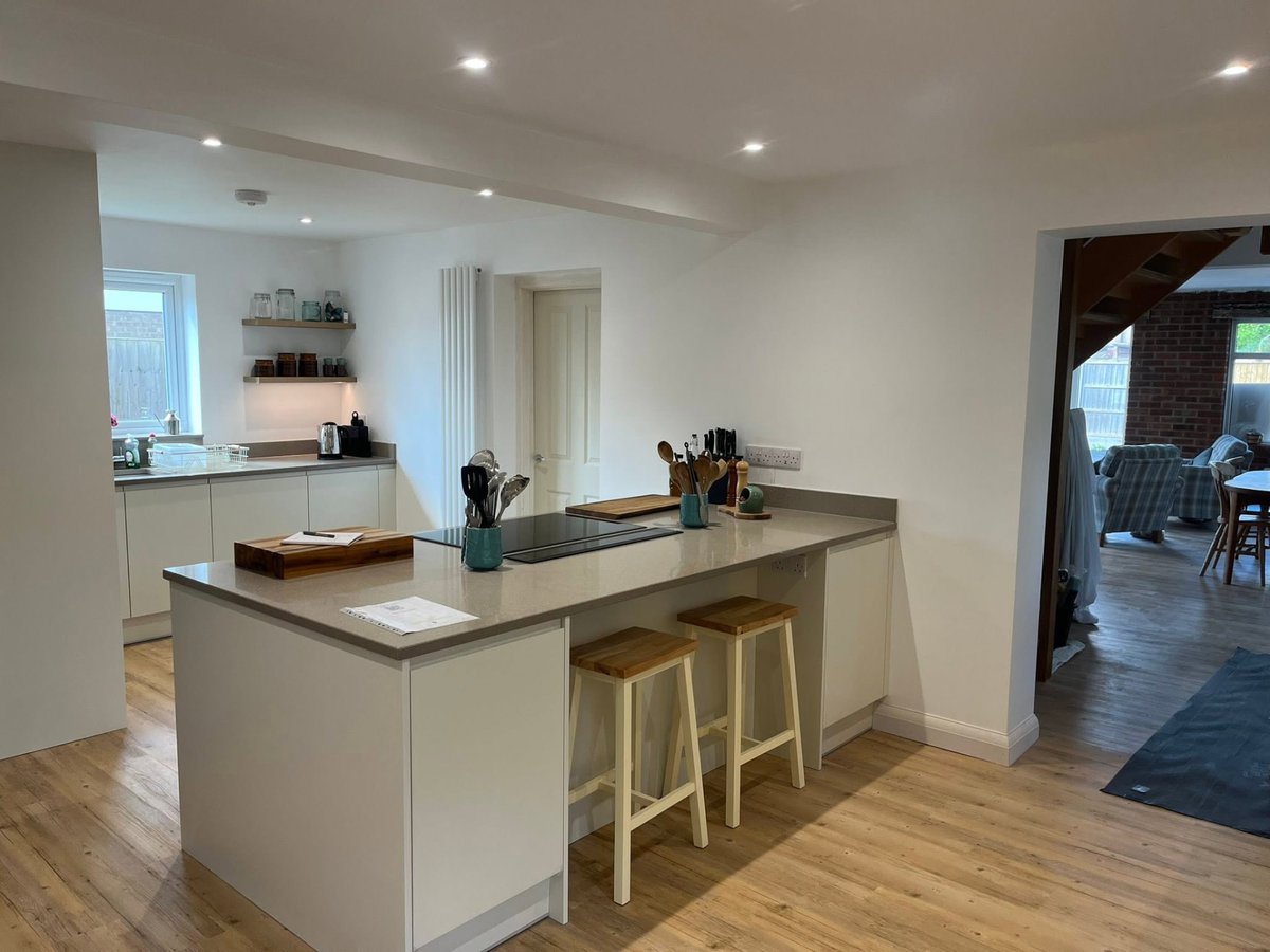Finished open-plan living and kitchen space after a full ground floor renovation