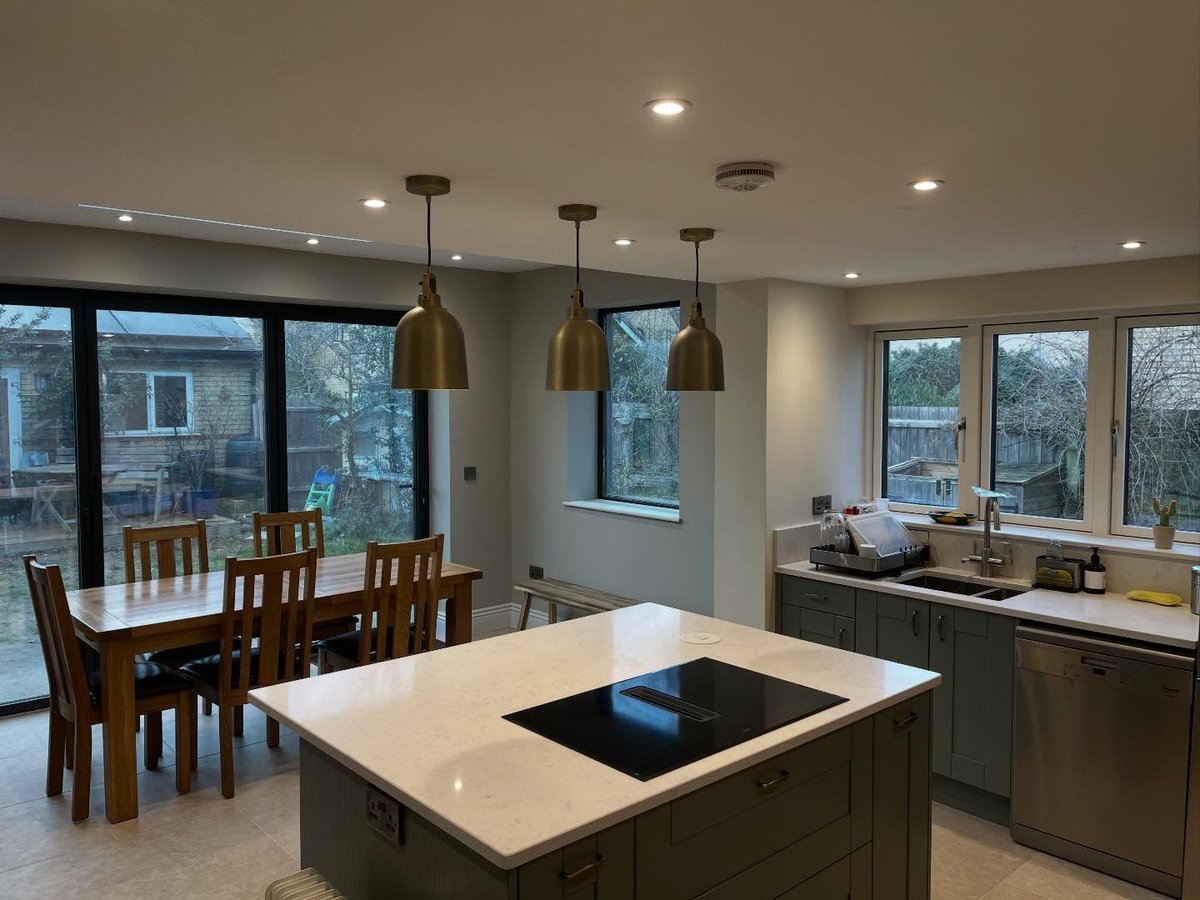 Open-plan kitchen inside a completed single-storey extension in Cambridgeshire